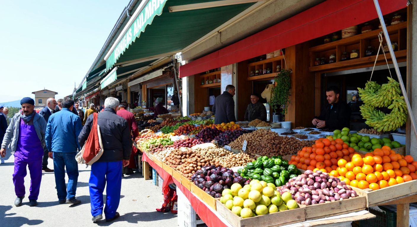 A bustling farmers' market in Akçakale with colorful produce stands and local farmers in traditional attire, alongside a cozy café in Giresun showcasing regional nuts and honey on wooden shelves.