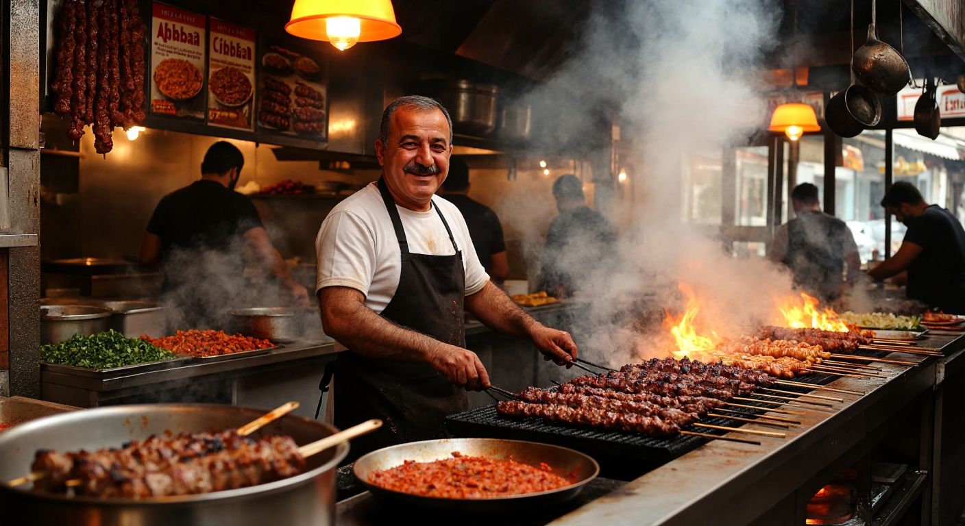 A bustling Adana kebab restaurant with a warm, smoky interior, where a middle-aged Turkish man with a proud smile (presumed to be İbrahim Güneş) stands behind a counter grilling skewers of spiced meat over glowing embers.