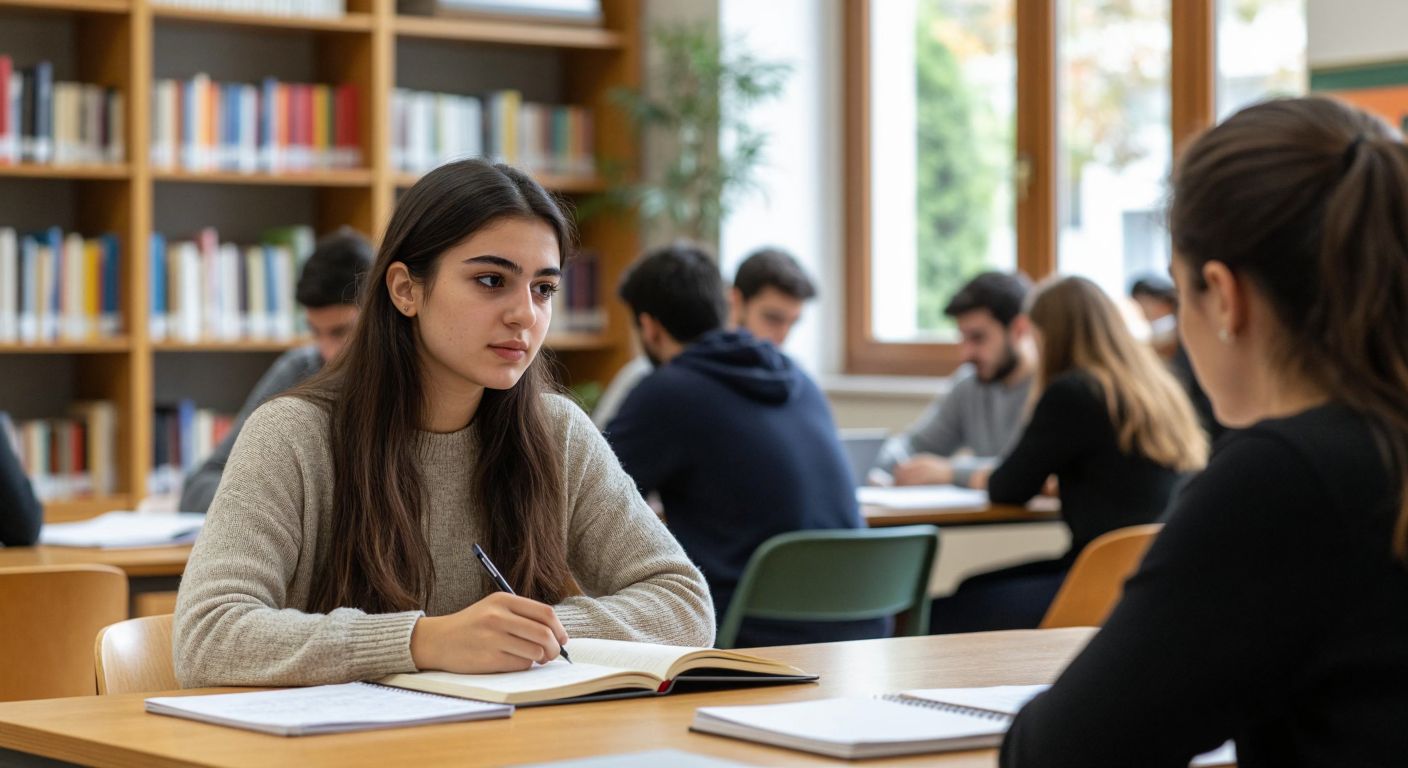 A focused Turkish student sits at a wooden desk in a bright study room, listening attentively to a teacher pointing at a notebook, while shelves of books and a small group of peers working quietly fill the background.