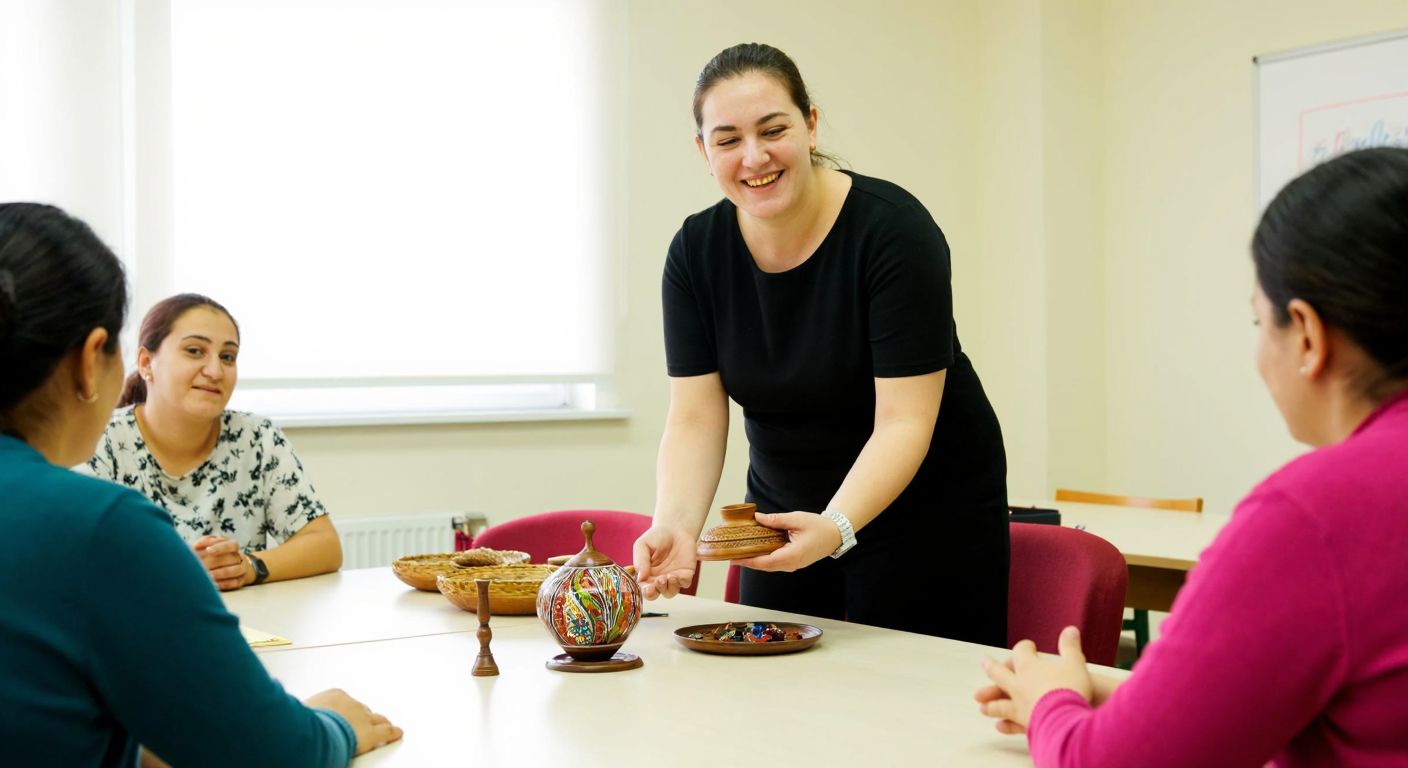 A cheerful instructor in a bright classroom at Serdivan Public Education Center demonstrates a traditional Turkish handicraft to eager adult students.