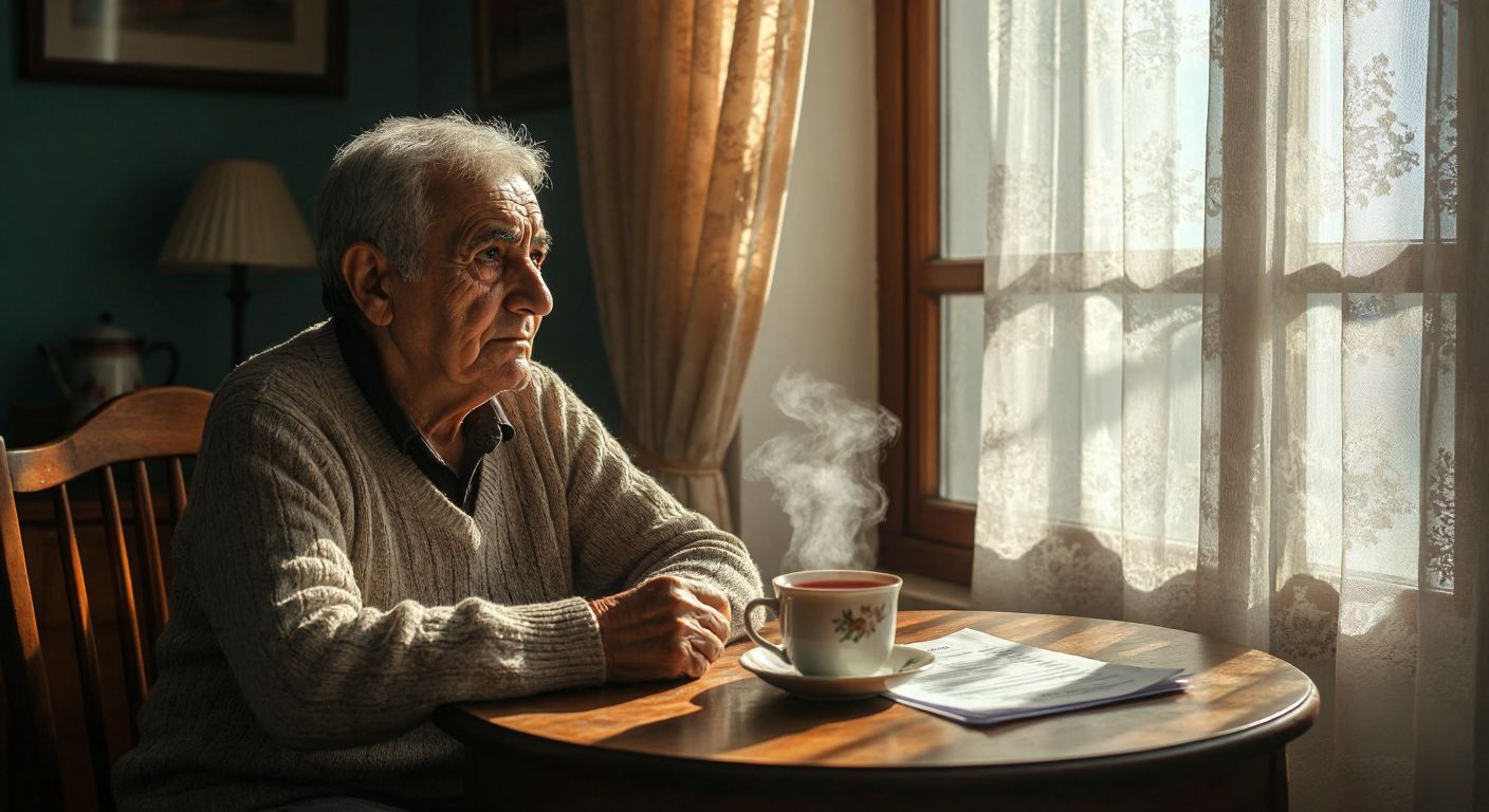 An elderly Turkish person sits at a wooden table with a steaming cup of çay, looking thoughtfully at a printed pension statement while sunlight streams through lace curtains.