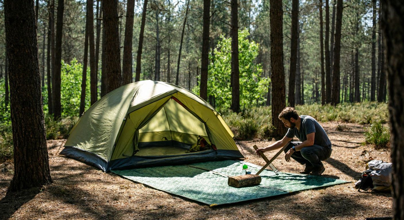 A green nylon tarp neatly spread beneath a sturdy camping tent in a sunlit Turkish forest clearing, with a man kneeling to measure its edges using a wooden folding ruler.