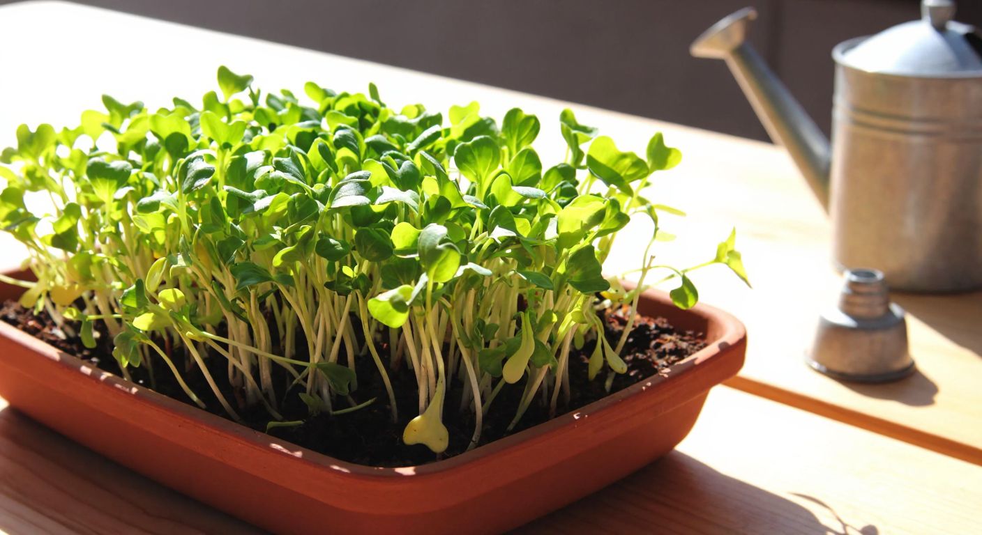 A close-up of vibrant green microgreens sprouting in a shallow terracotta tray filled with rich soil, placed on a sunlit wooden table in a Turkish kitchen, with a small watering can nearby.
