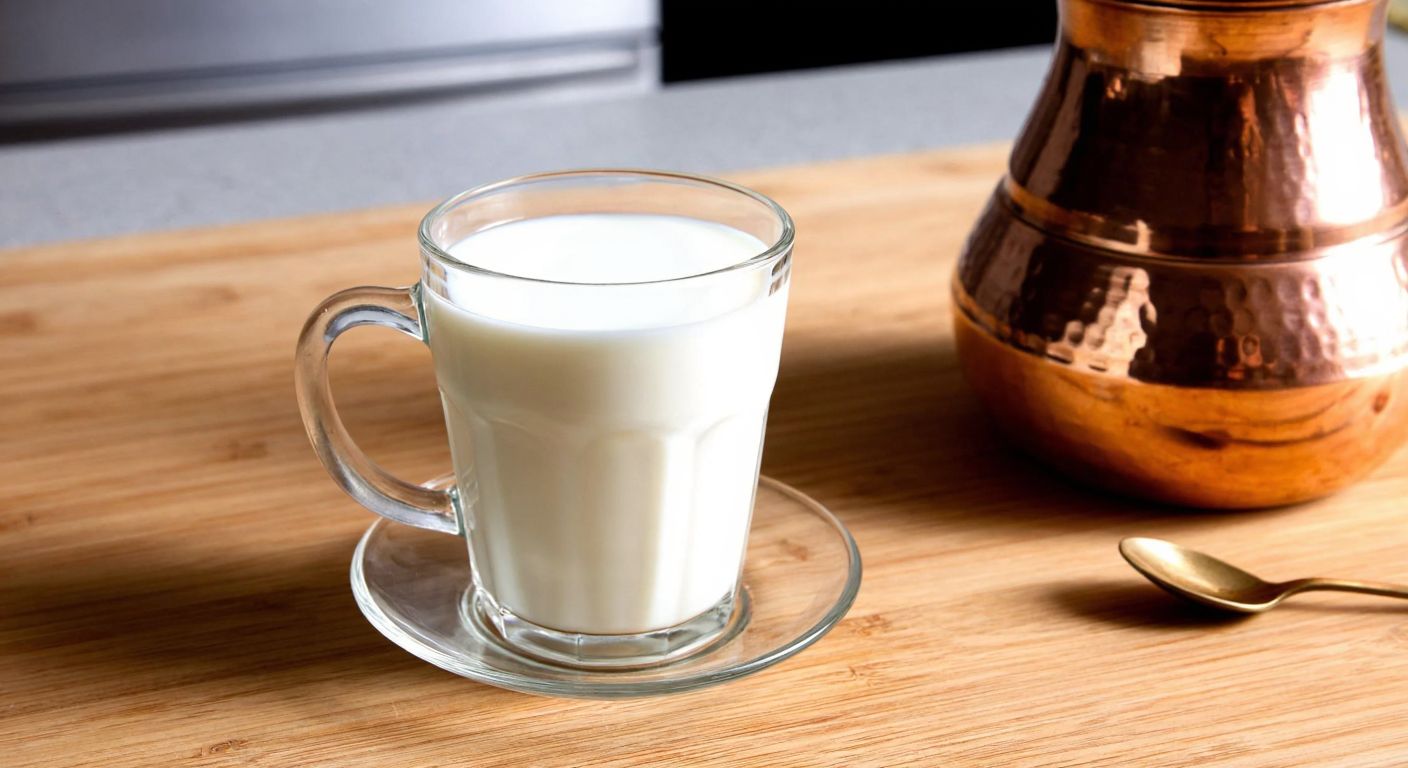 A small glass teacup filled to the brim with fresh white milk, resting on a wooden kitchen counter beside a traditional Turkish copper milk pot.