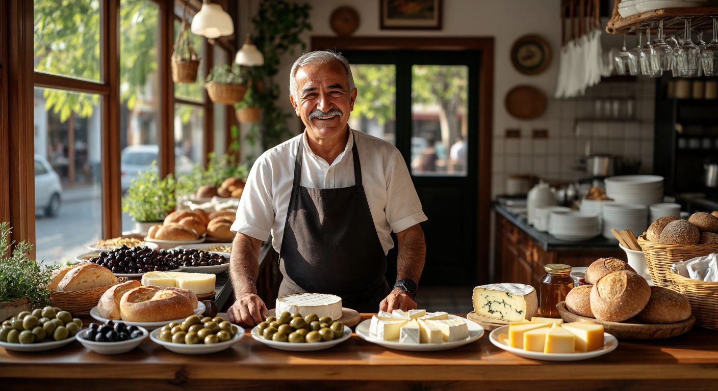 A warm, elderly Turkish man with a white mustache and a welcoming smile stands behind a counter in a cozy breakfast café, surrounded by plates of olives, cheeses, fresh bread, and honey, with the morning sun streaming through the windows.