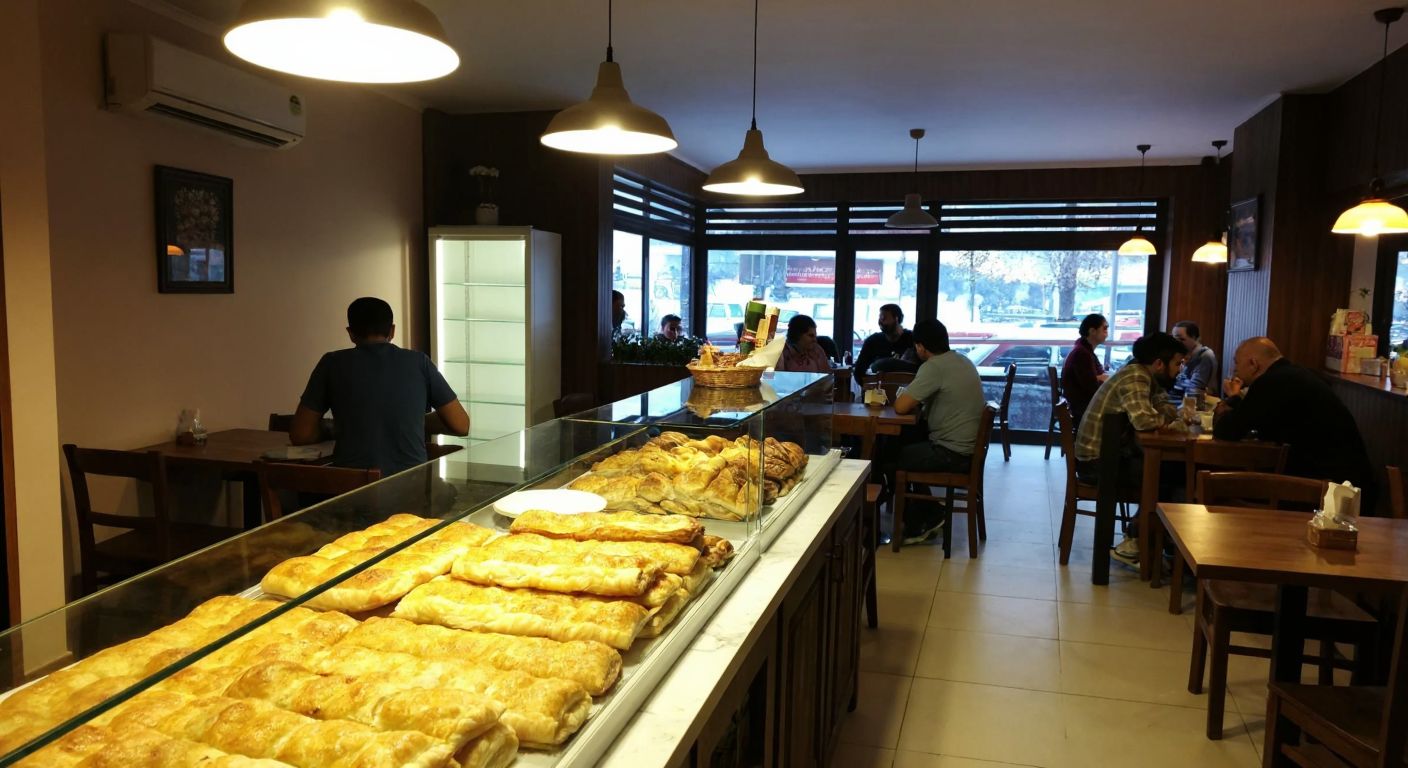A cozy bakery in Hatay's Dörtyol district, with golden-brown börek displayed in a glass counter, surrounded by warm lighting and locals chatting at wooden tables.