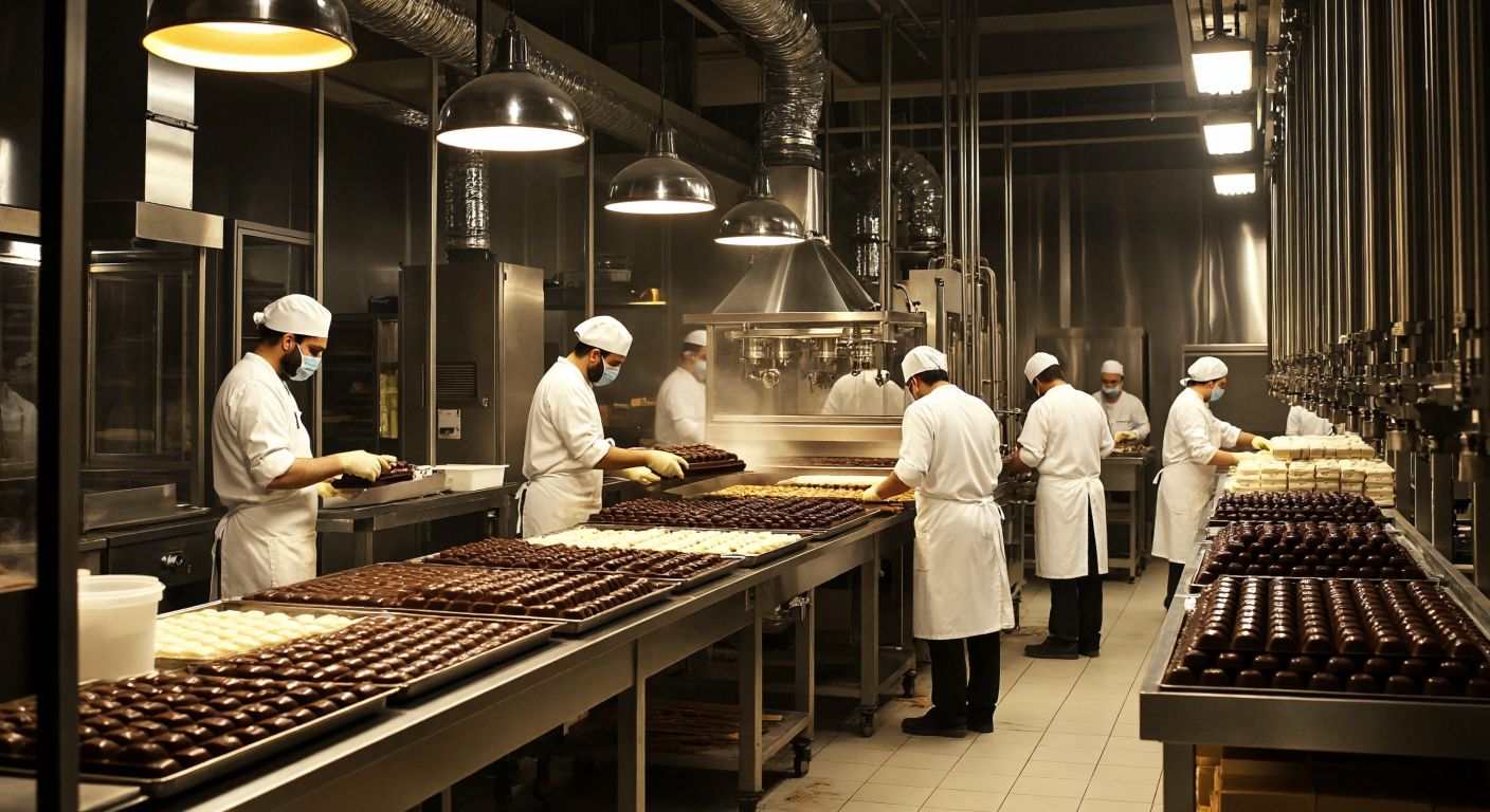 A bustling Turkish chocolate factory with workers in white uniforms operating shiny machinery, stacks of cocoa sacks, and trays of freshly molded chocolates under warm golden lights.