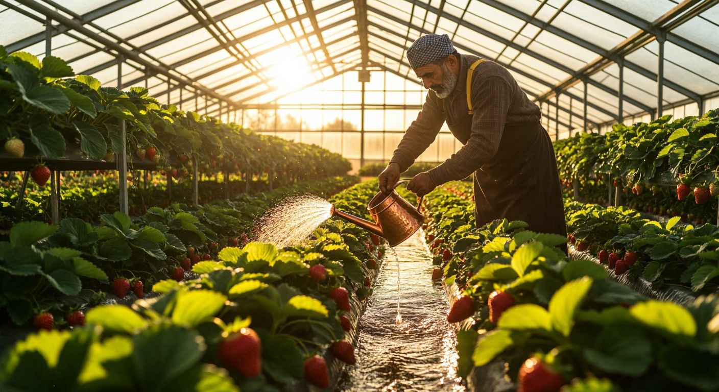 A sunlit greenhouse with rows of vibrant strawberry plants, where a farmer in traditional Turkish workwear gently waters the strawberries with a copper watering can under the warm glow of sunlight.
