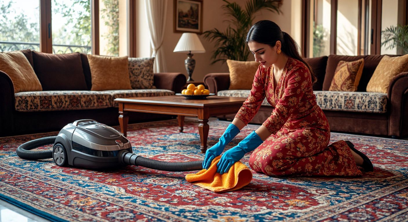 A Turkish woman in a cozy living room with patterned rugs and plush sofas, wearing a silk glove to gently clean a vibrant carpet while a vacuum cleaner and microfiber cloth sit nearby on a wooden coffee table.