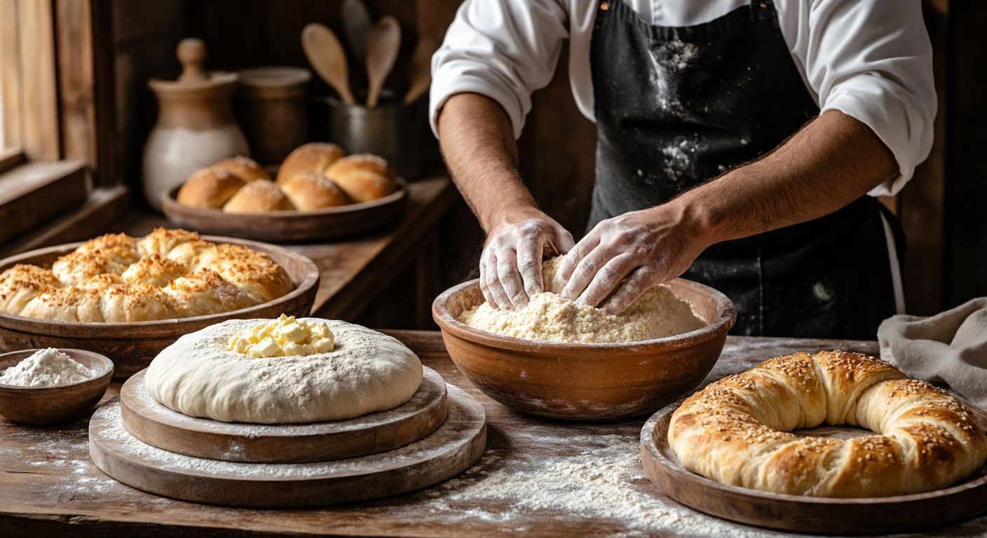 A Turkish baker kneading elastic bread dough on a floured wooden table next to a bowl of crumbly pastry dough with butter flecks, surrounded by fresh pide and flaky börek on a rustic tray.