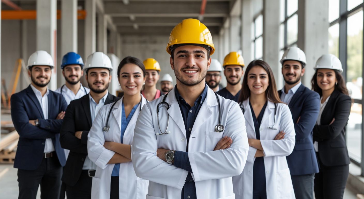 A diverse group of young Turkish professionals in various work settings—engineers in hard hats at a construction site, doctors in white coats examining patients, teachers in a classroom, bankers in suits, and IT specialists at computers—all smiling confidently.
