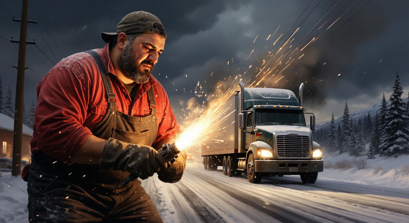 A burly Turkish man in a welding mask sparks flying as he works in a Canadian industrial workshop, while another Turkish man in a trucker hat drives a semi-truck down a snowy highway.