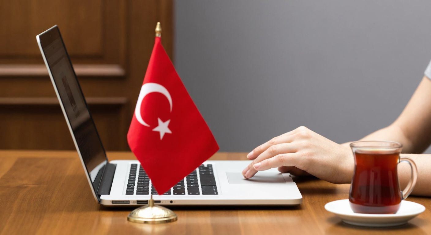 A person in Turkey sits at a wooden desk with a laptop open, their hand hovering over the keyboard with a curious expression, while a small Turkish flag and a steaming cup of çay sit nearby.