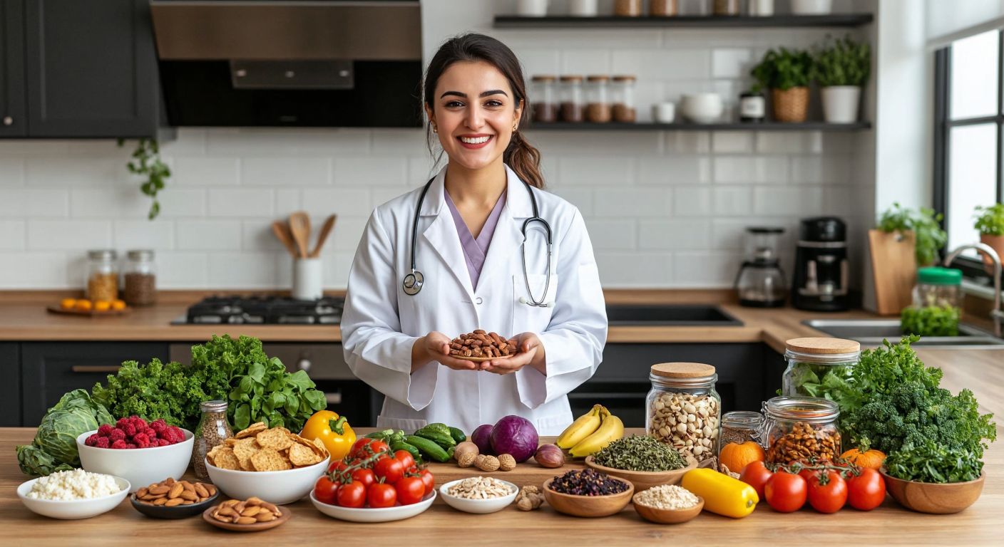 A smiling Turkish dietician in a white coat presents a colorful array of fresh, healthy foods like gluten-free snacks, nuts, and herbal teas on a wooden table in a bright kitchen.