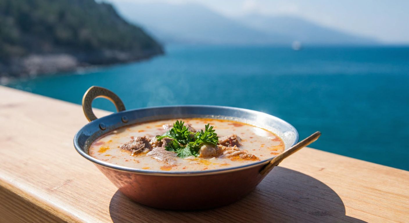 A steaming bowl of **kelle paça çorbası** with tender meat pieces, garnished with fresh parsley, sits on a rustic wooden table overlooking Antalya's turquoise coastline, evoking warmth and tradition.
