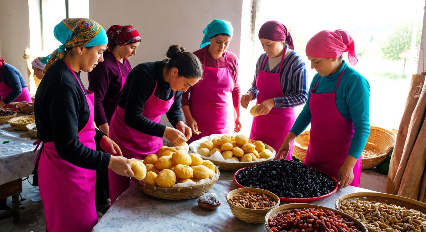 A group of women in Burdur, dressed in colorful headscarves and aprons, work together in a sunlit workshop—some sewing soccer balls, others frying golden pişi dough, while baskets of dried fruits and nuts sit nearby.