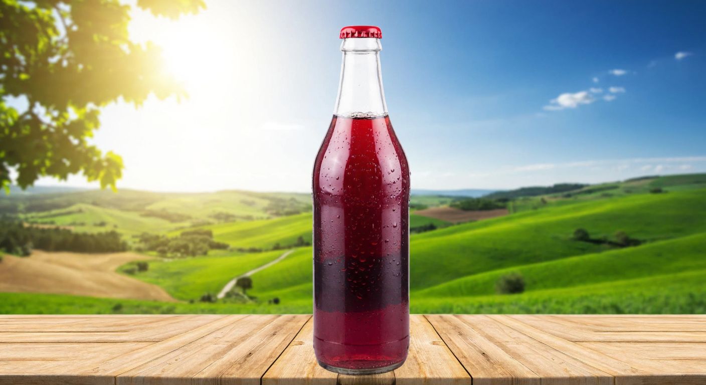 A glass bottle of fizzy red kızılcık (cornelian cherry) soda with condensation, placed on a wooden table in front of a sunlit Çankırı landscape with rolling green hills.