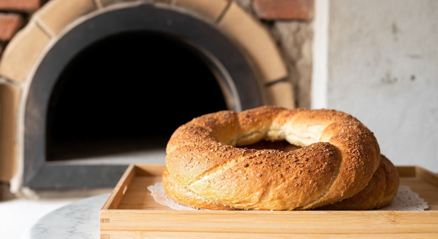 A golden-brown, crusty Tokat simit rests on a wooden tray beside a traditional stone oven, its surface smooth and sesame-free, evoking curiosity and regional pride.