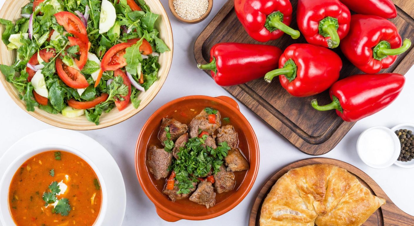 A vibrant Turkish kitchen scene with fresh, red capia peppers arranged on a wooden table alongside a colorful salad, sizzling grilled meat, a steaming bowl of soup, and a golden börek, evoking warmth and culinary versatility.