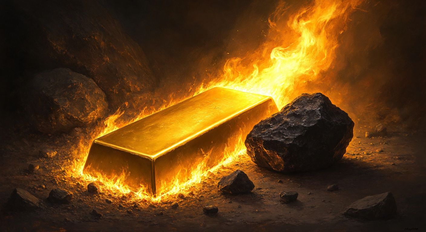 A glowing gold bar rests untouched in a roaring orange fire, while a dark, melted lump sits beside it, contrasting purity with forgery.