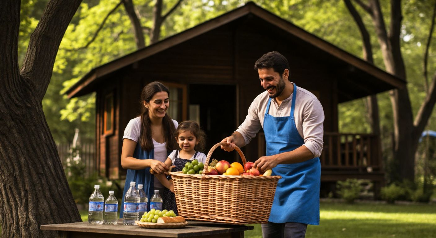 A smiling Turkish family packs a wicker basket with fresh fruits, bread, and bottled water, standing near a wooden bungalow surrounded by lush green trees.