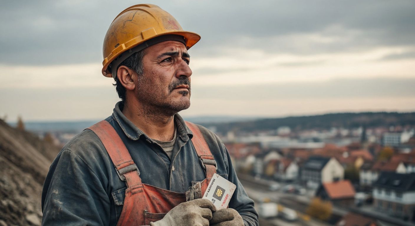 A weary middle-aged Turkish construction worker in Germany, wearing a hard hat and dusty overalls, gazes at a distant horizon with a mix of exhaustion and hope, clutching a worn work ID card.