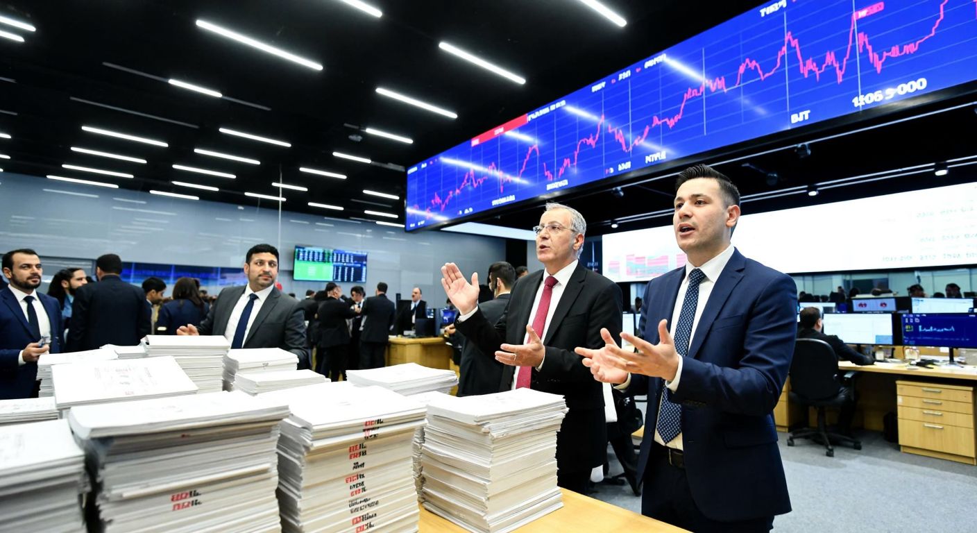 A bustling Turkish stock exchange floor with traders in formal attire gesturing animatedly, stacks of paper representing lot allocations, and a large digital board displaying rising stock trends in the background.