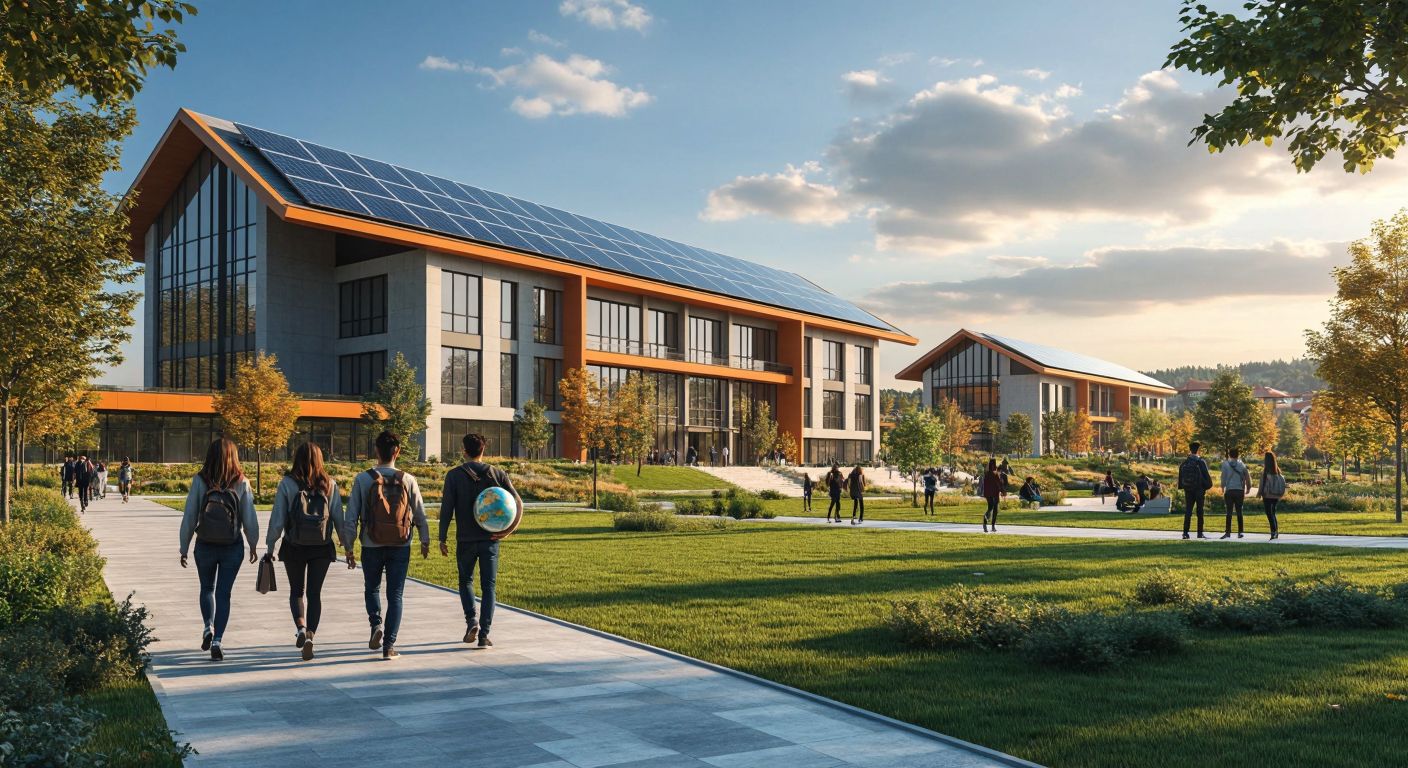 A modern university campus in Bilecik with students walking past green spaces, solar panels on buildings, and a professor holding a globe, symbolizing sustainability and academic achievement.
