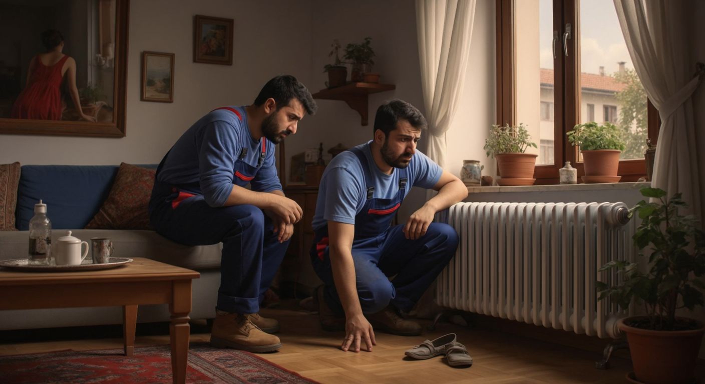 A frustrated Turkish homeowner in a cozy, slightly chilly living room touches a lukewarm radiator while a repairman in overalls checks the heating system’s pipes and valves.