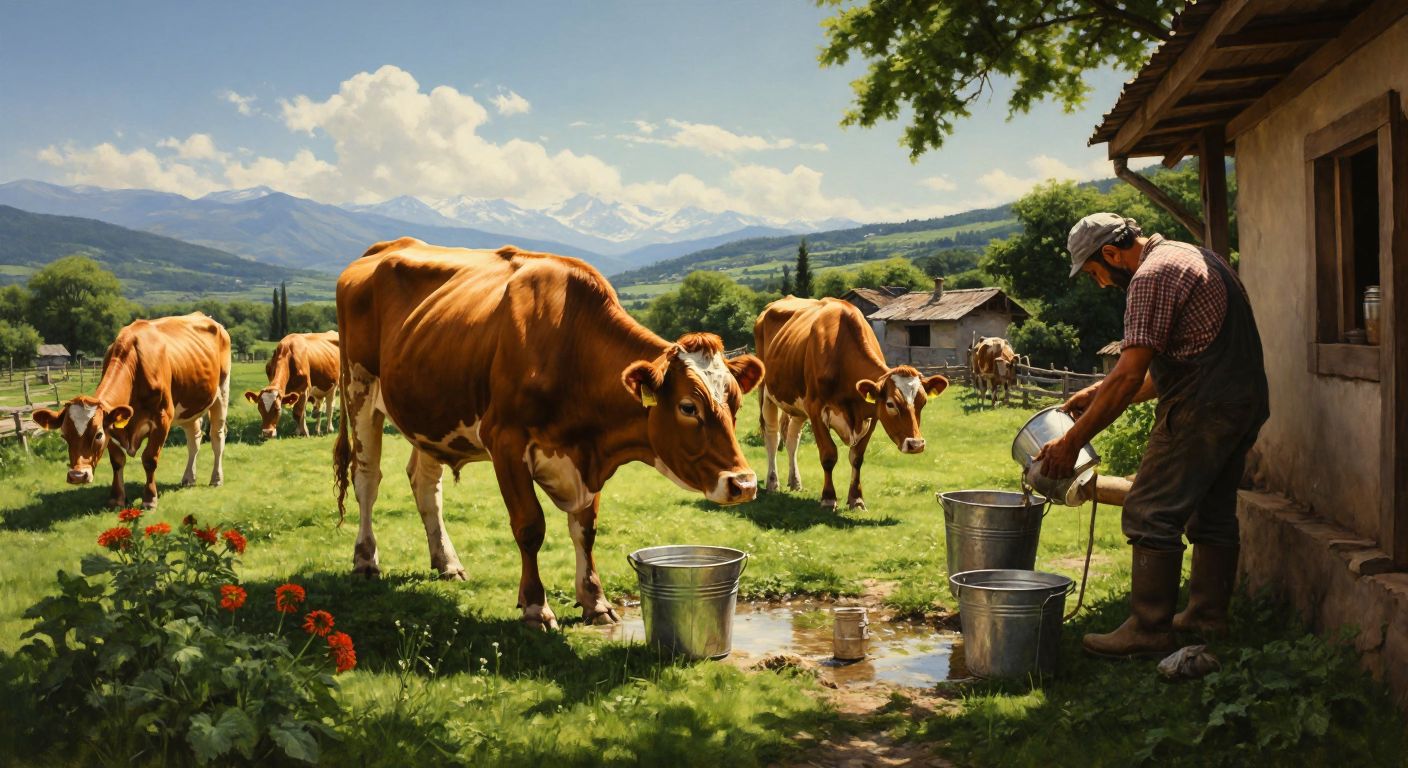 A lush green farm with brown Jersey cows grazing peacefully under the warm Turkish sun, their milk being collected in traditional metal pails by a farmer in a checkered shirt and worn boots.