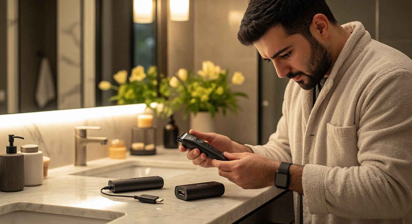 A Turkish man in a well-lit bathroom carefully examines a rechargeable shaver with a small screwdriver, while a charging cable and spare battery lie neatly on the marble countertop.