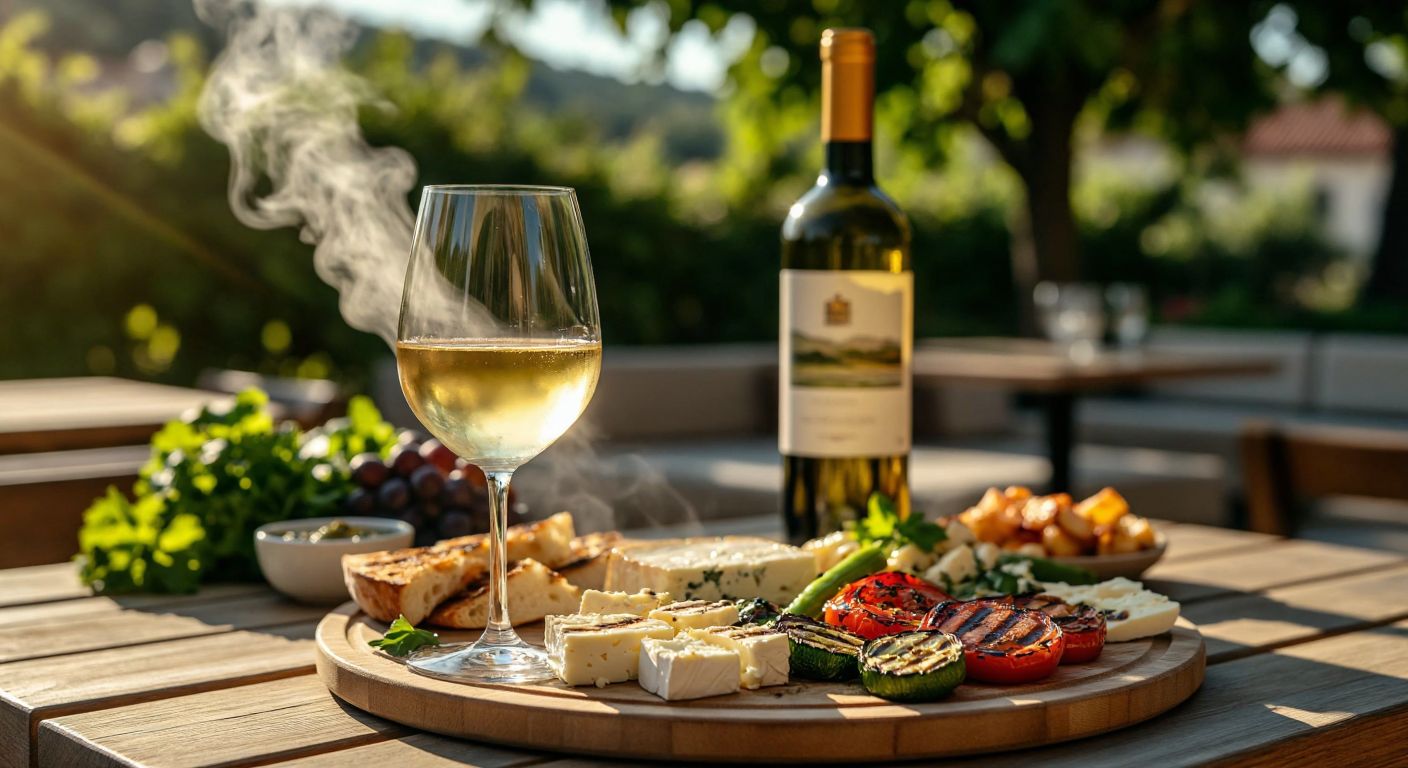 A chilled glass of crisp white wine rests on a sunlit wooden table beside a platter of fresh Turkish cheeses and grilled vegetables, with a cool mist rising from the bottle.