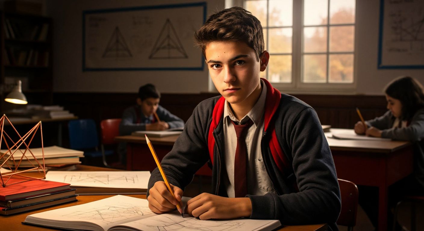 A focused student in a Turkish classroom, surrounded by geometry books and papers with triangle diagrams, holding a pencil with a determined expression.