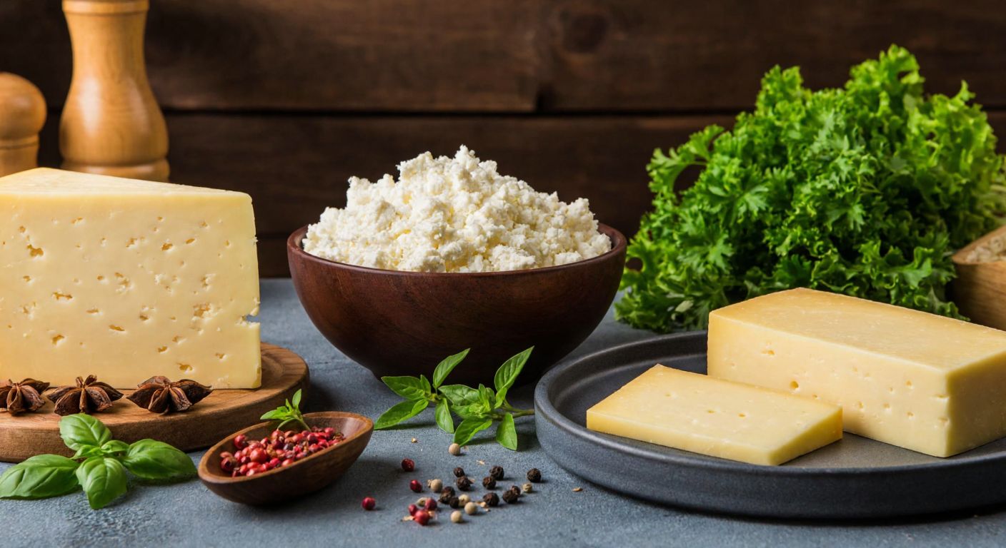 A rustic Turkish kitchen countertop with a bowl of crumbled white cheese, slices of yellow kasar cheese, and a block of gruyere, surrounded by fresh herbs and spices, evoking warmth and traditional cooking.