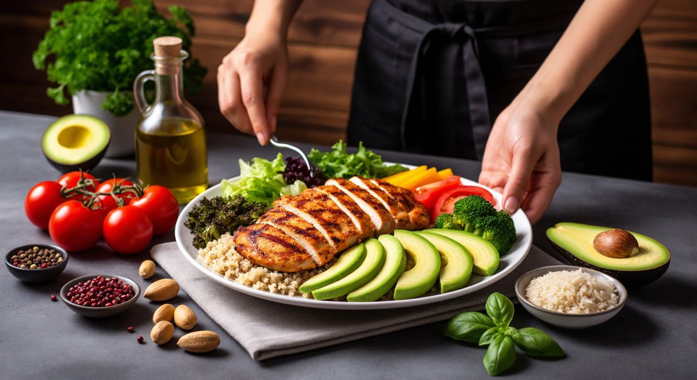 A Turkish person in a bright kitchen prepares a colorful plate of grilled chicken, avocado slices, and whole-grain bulgur, surrounded by fresh vegetables, olive oil, and nuts, embodying a balanced, low-fat diet.