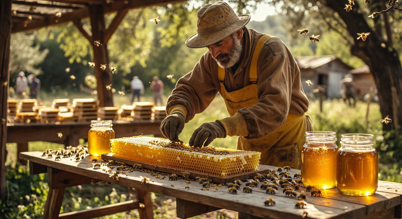 A beekeeper in a sunlit Turkish apiary carefully places a golden honeycomb horizontally on a wooden table, surrounded by buzzing bees and jars of amber honey.