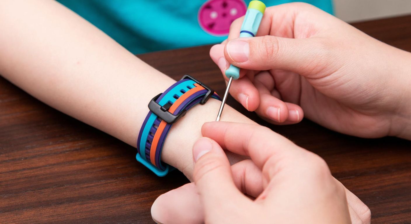 A close-up of a child's small wrist with a colorful silicone watch strap being carefully attached by an adult's hands using a tiny screwdriver on a wooden table.