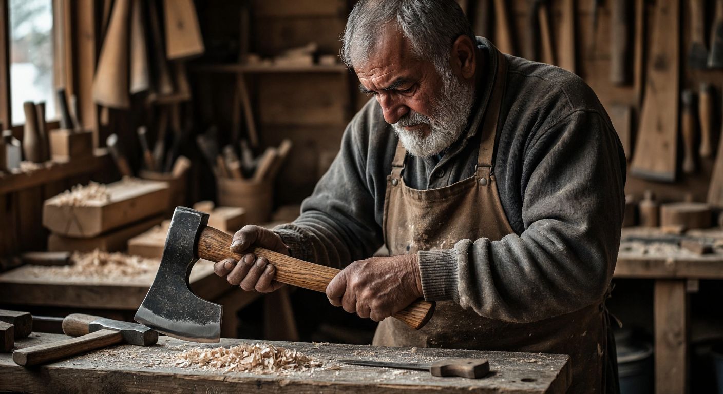 A weathered Turkish carpenter in a woodshop carefully examines a sturdy steel-headed hatchet with a worn wooden handle, surrounded by wood shavings and various specialized hatchets for different trades.