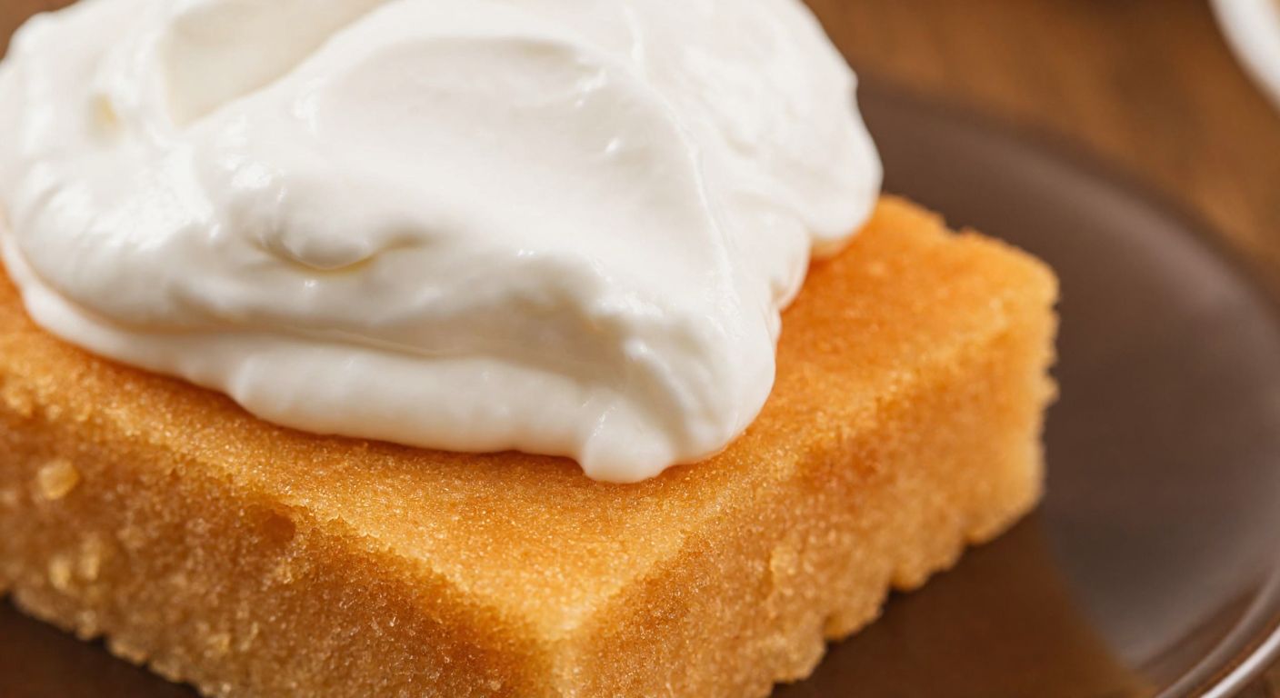 A close-up of a creamy white Turkish manda kaymağı (water buffalo cream) with flecks of vanilla, resting on a golden-brown sugar cube, evoking rich sweetness and traditional indulgence.