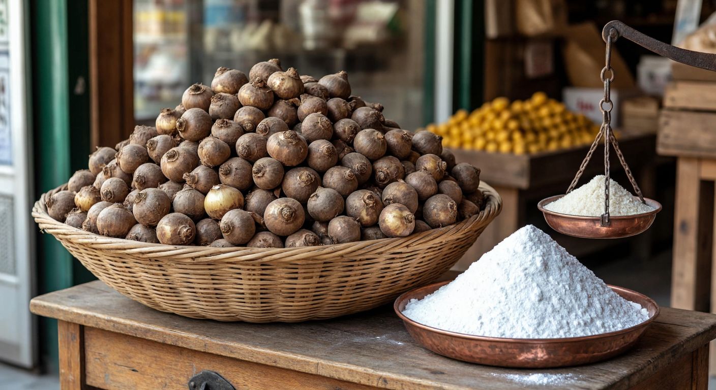 A rustic wooden table in a Turkish market displays a large woven basket overflowing with small, earthy orchid tubers next to a traditional copper scale holding a mound of fine white salep powder.