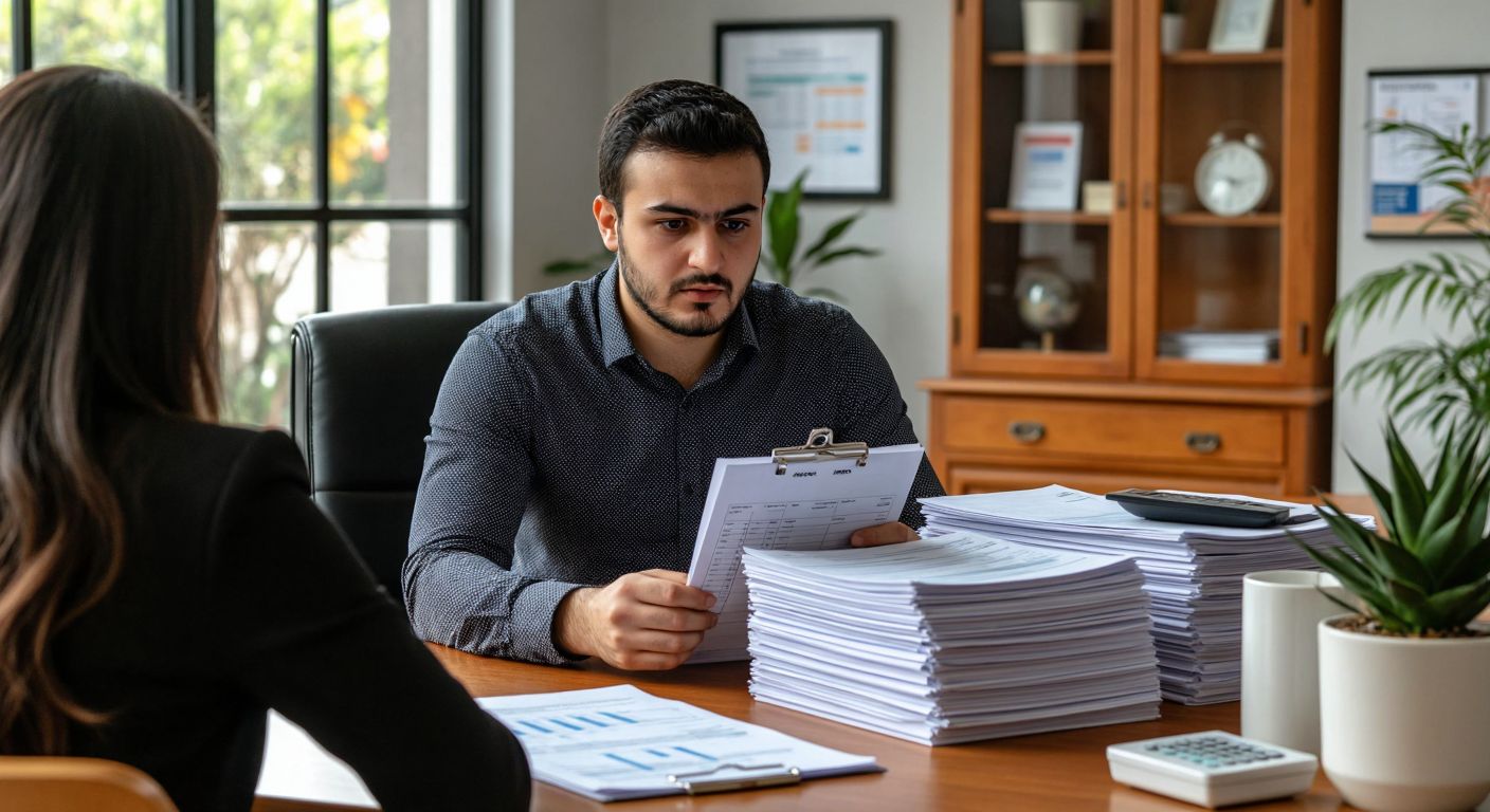 A focused Turkish accountant in a tidy office reviews a stack of invoices and documents with a calendar marked for a deadline, while a client waits attentively across the desk.