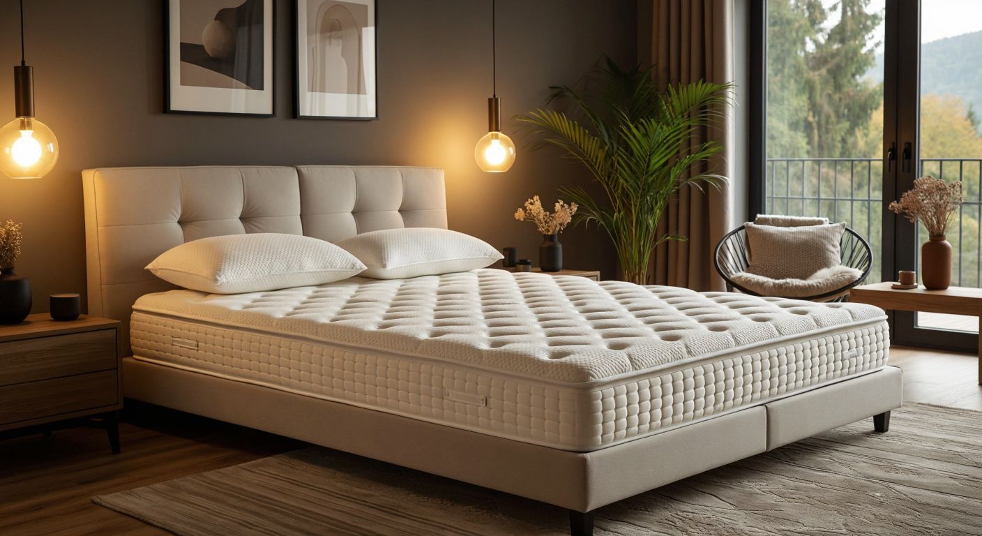 A side-by-side comparison of a porous, honeycomb-textured latex mattress and a smooth, body-contouring viscoelastic foam mattress, both placed in a cozy Turkish bedroom with warm lighting.