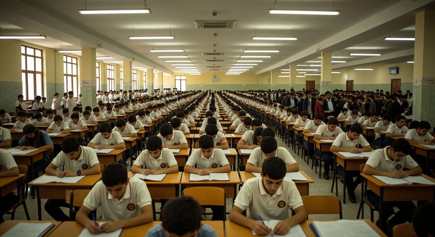 A crowded examination hall in Turkey, filled with focused young students in uniforms, sitting at rows of desks under bright fluorescent lights, with invigilators standing at the front.