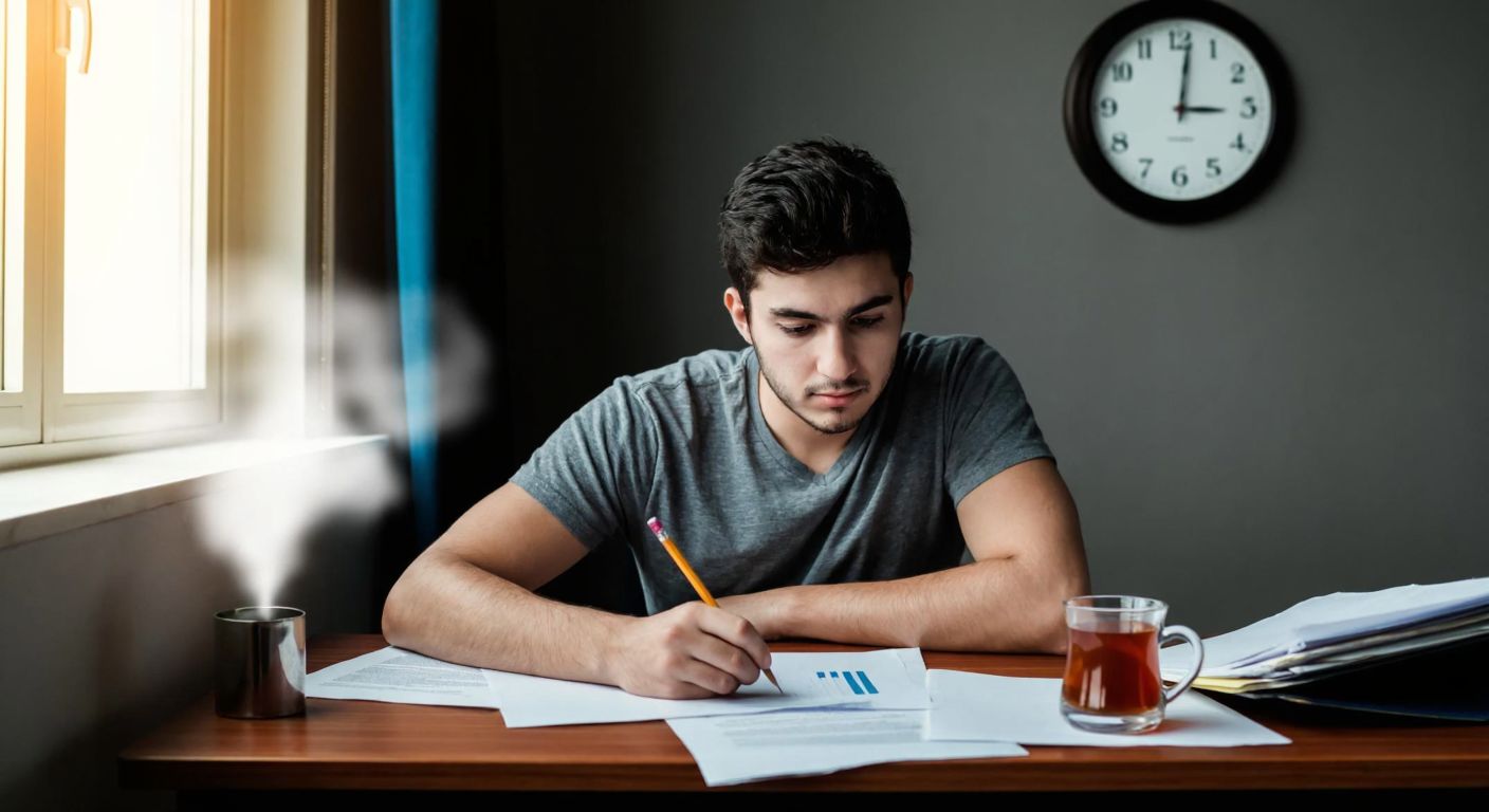A focused Turkish student sitting at a wooden desk with a pencil in hand, surrounded by scattered papers and a steaming cup of çay, while a clock on the wall blurs in the background to emphasize time pressure.