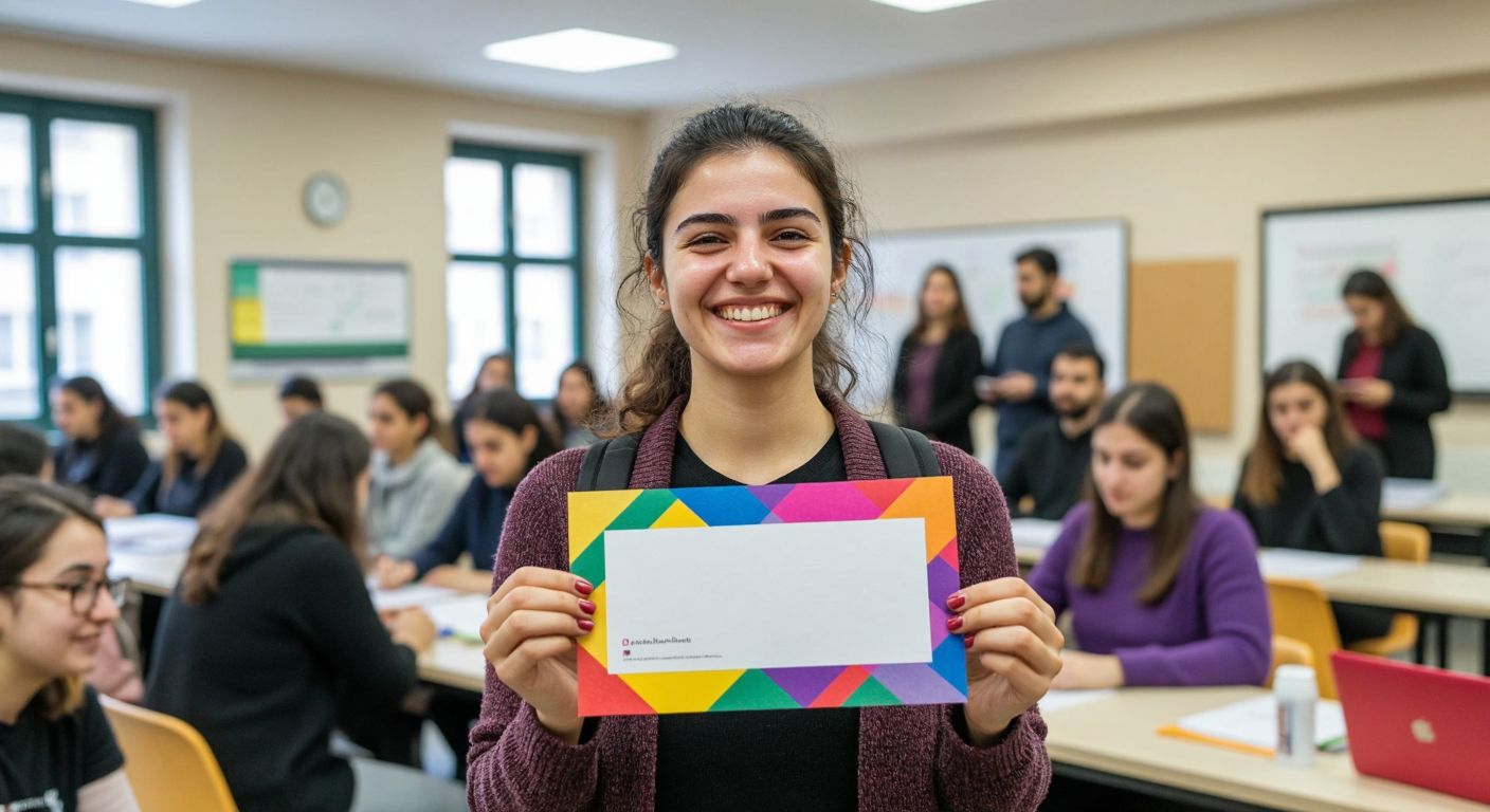 A smiling adult student in Istanbul proudly holds up a colorful, ribbon-tied certificate in a bustling classroom with other eager learners and an instructor in the background.