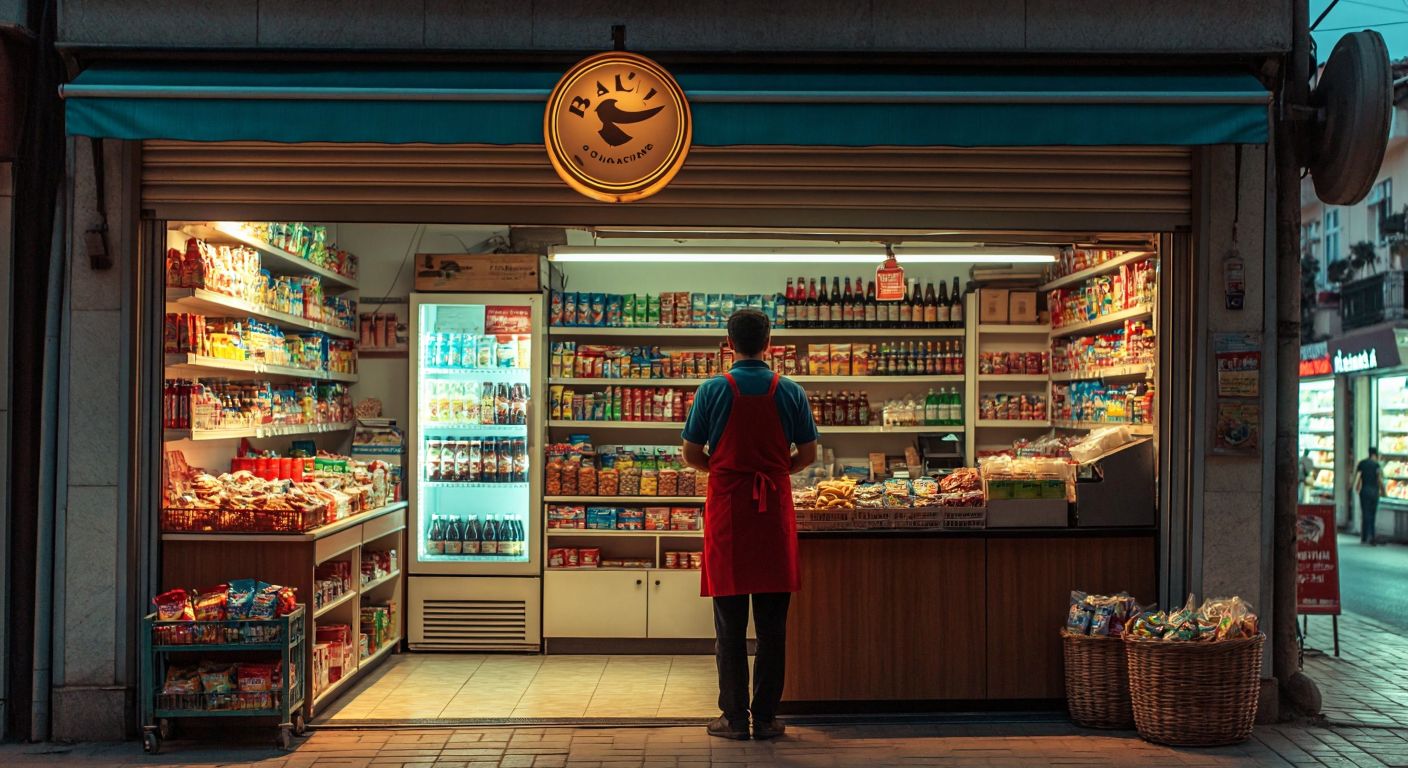 A brightly lit convenience store in Turkey with a warm glow spilling onto the quiet nighttime street, shelves stocked with snacks and drinks, and a cheerful shopkeeper in a red apron standing behind the counter.