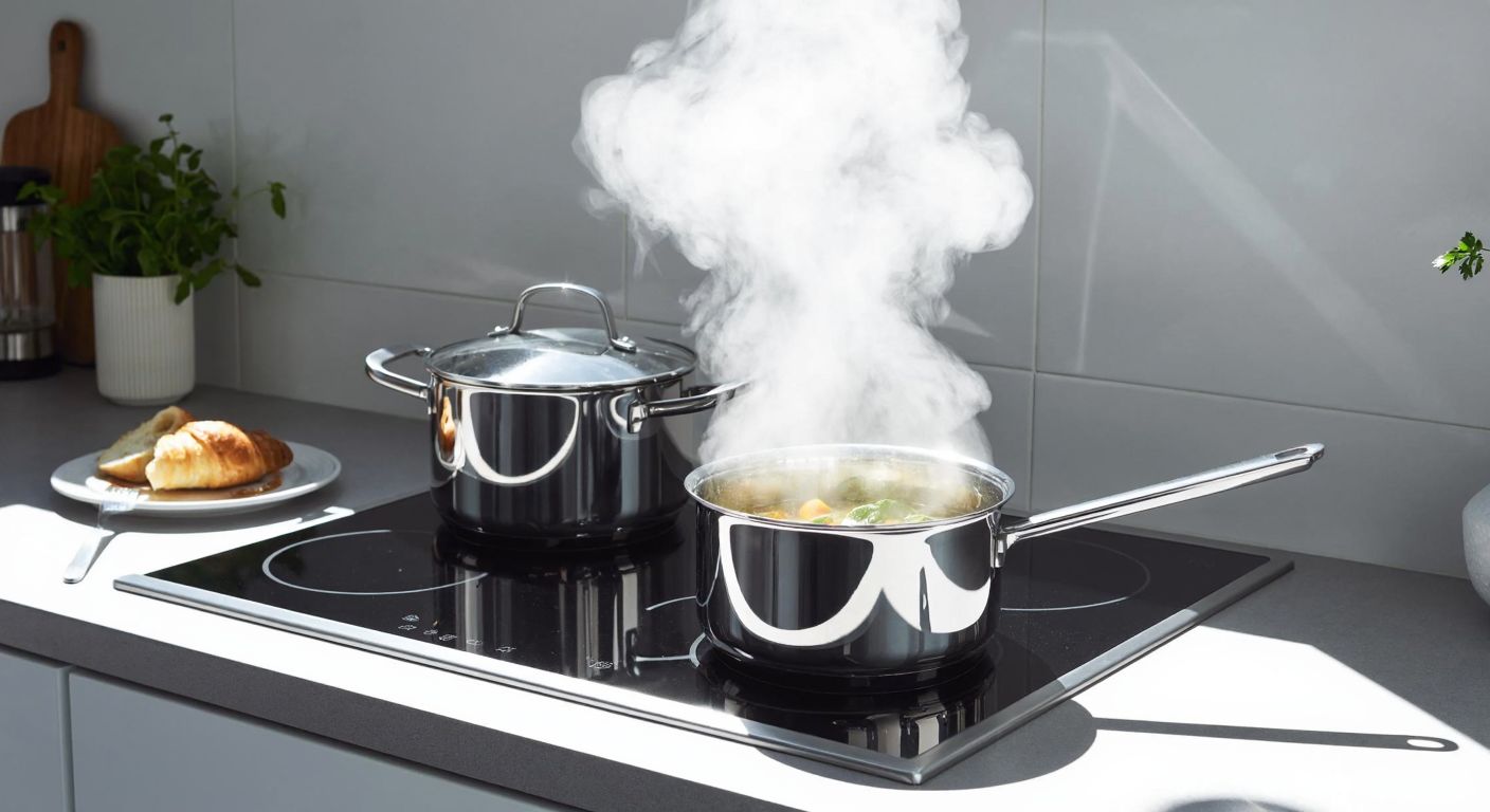 A sleek stainless steel WMF Provence Plus cookware set sits on a modern induction stovetop in a sunlit Turkish kitchen, with a pot simmering and steam rising gently.