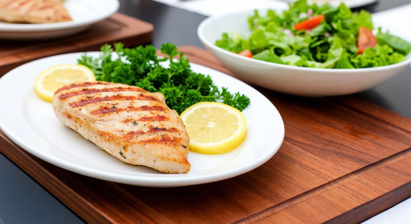 A neatly grilled turkey breast on a white plate, garnished with fresh parsley and lemon slices, placed on a wooden table in a bright Turkish kitchen with a bowl of crisp green salad in the background.