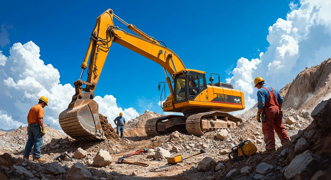 A rugged construction machine with a yellow excavator arm digging into rocky soil under a bright blue sky, surrounded by scattered tools and hard-hatted workers in dusty overalls discussing plans.