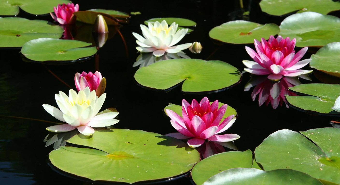 A serene Turkish pond with vibrant pink and white water lilies floating on the surface, surrounded by lush green leaves, while sunlight glimmers on the water.